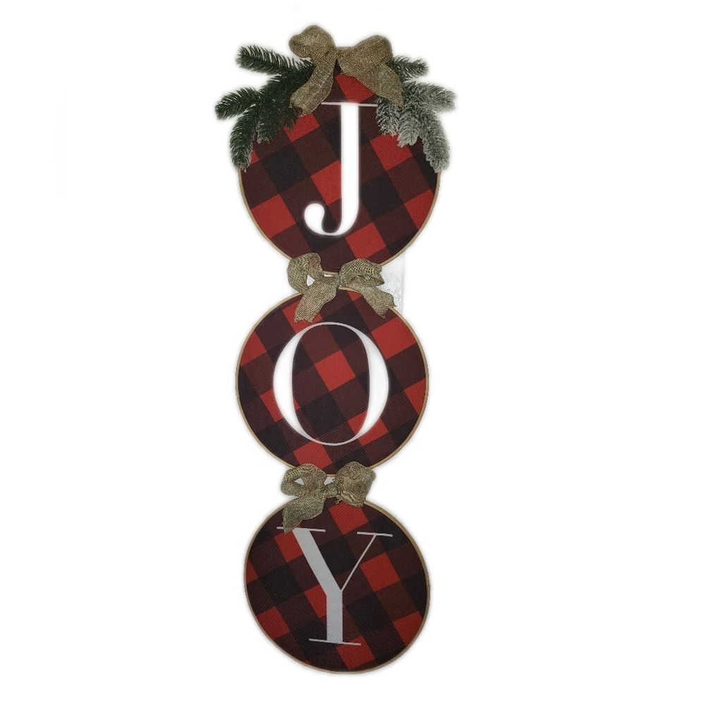 JOY Buffalo Check Plaid Christmas Holiday Door Or Wall Hanging Decor, 3ft